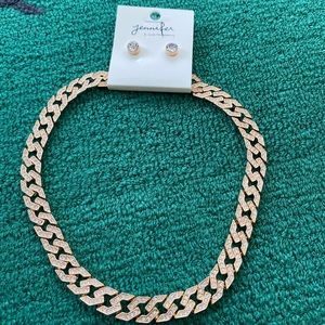 Goldtone Pave Rhinestone Necklace and Stud Earring Set